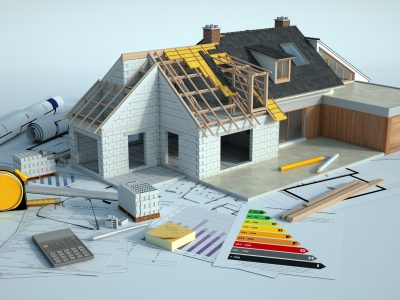 House enlargement works 3D rendering of a house undergoing amplifying renovations with an energy chart, blueprints and other documents